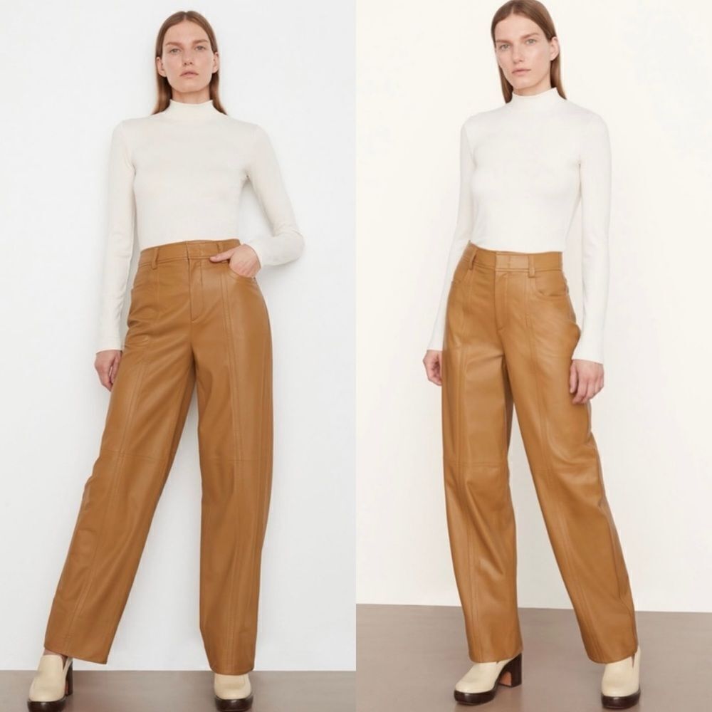 Vince $1250 Leather Seamfront Trousers/Pants in Camel